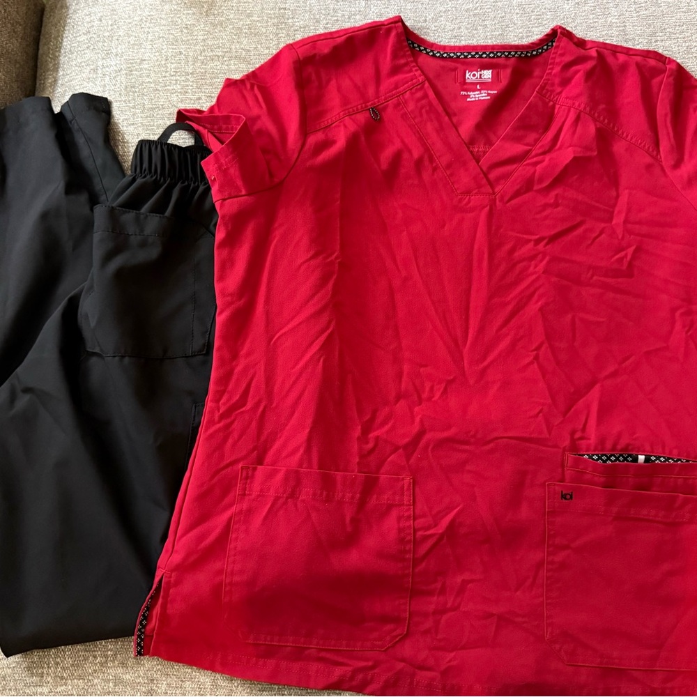 koi Red V-Neck Medical Scrub Top with Front Pockets